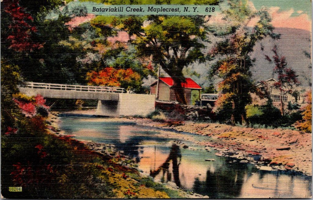 NY, Maplecrest - Bataviaklill Creek, bridge, building postcard - A19457
