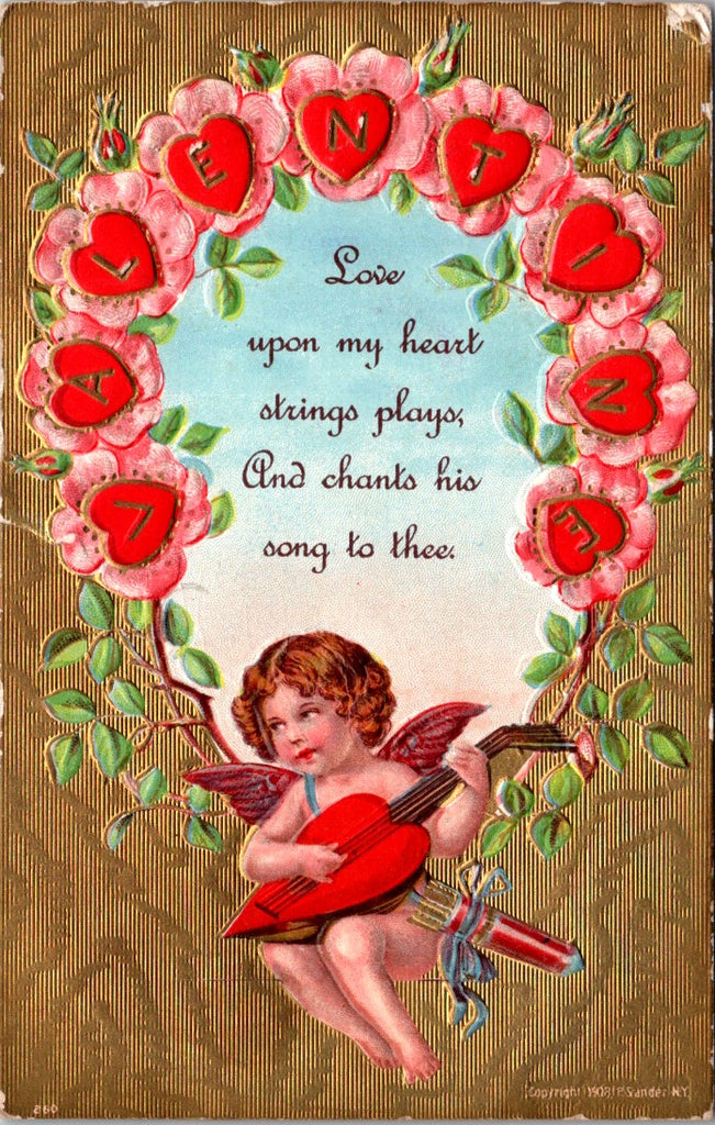 Valentine postcard - Cupid playing heart musical instrument - A19620