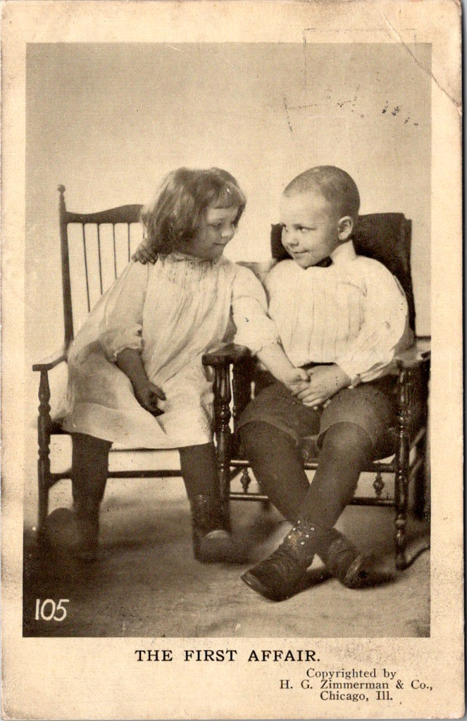 Valentine postcard - THE FIRST AFFAIR - boy & girl in old chairs - B04069
