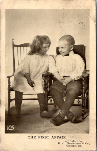 Valentine postcard - THE FIRST AFFAIR - boy & girl in old chairs - B04069