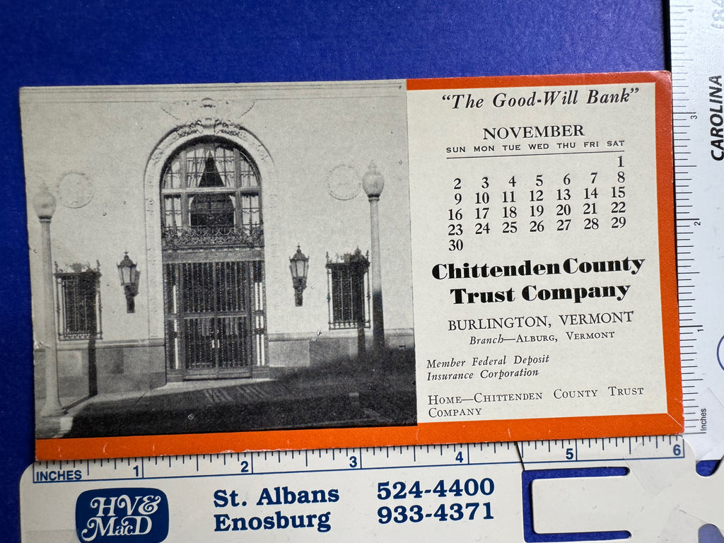 VT, Burlington - Chittenden County Trust Co - 1952 Calendar Blotter - B04090