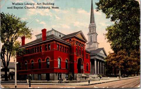 MA, FITCHBURG - Wallace Library, Art Bldg, Baptist Church postcard - B04254
