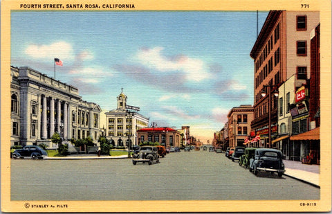 CA, Santa Rosa - Fourth Street scene - linen postcard - B05048
