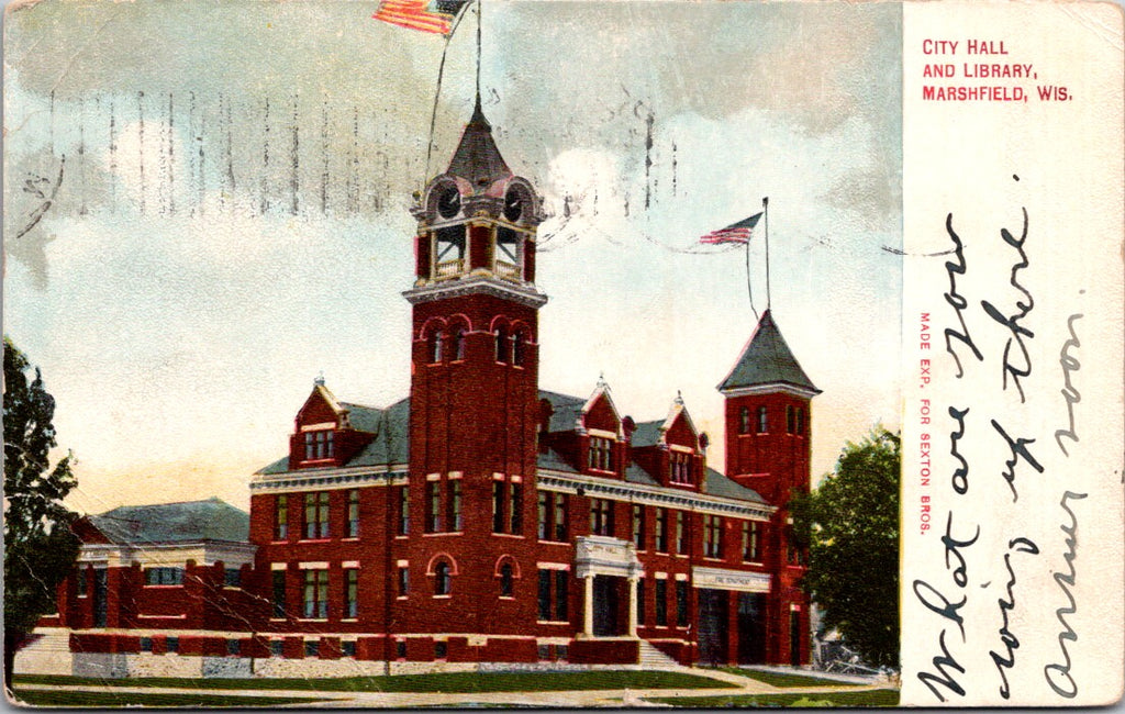 WI, MARSHFIELD - City Hall, Library - made for Sexton Bros postcard - B05422