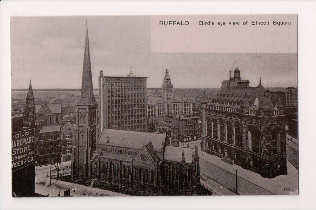 NY, BUFFALO - Ellicott Square BEV, Weed &. Co Hardware store sign postcard - B06
