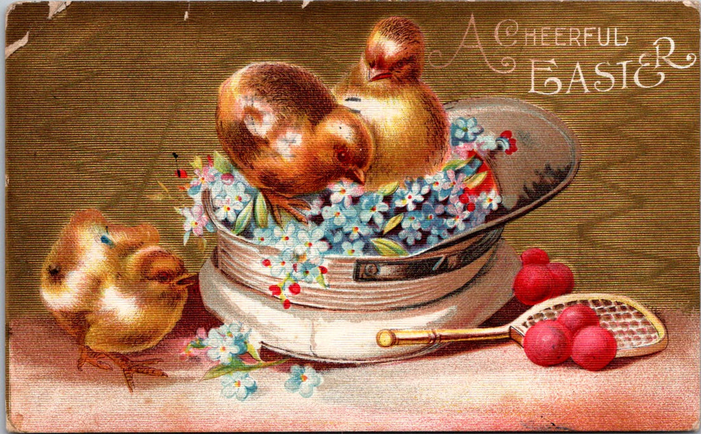 Easter - 3 chicks, tennis racket, hat with feathers in it postcard - B10062