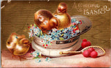 Easter - 3 chicks, tennis racket, hat with feathers in it postcard - B10062