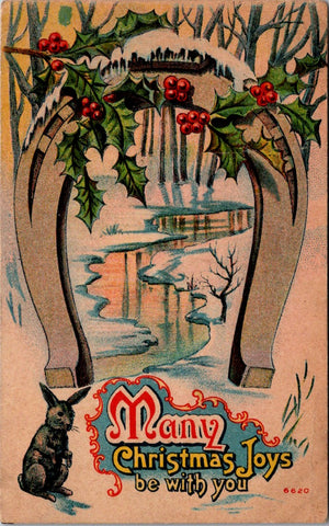 Xmas - large horseshoe and a rabbit or hare postcard - Many Christmas Joys be with you