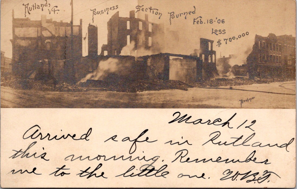 VT, RUTLAND  - Feb 18, 1906 Fire, mailed Mar 12 - Aftermath RPPC - B11135