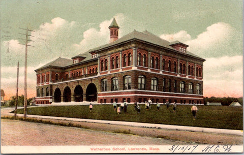 MA, Lawrence - Wetherbee School, barefooted kids on lawn postcard