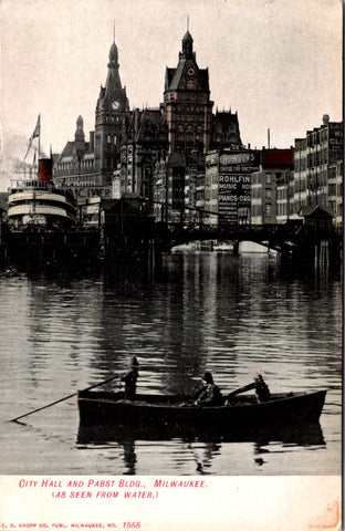 WI, Milwaukee - Pabst Bldg, City Hall from water with signs postcard - B11211
