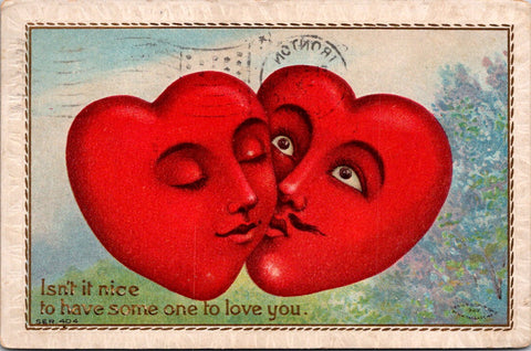Valentine postcard - Large hearts with faces kissing - B17078