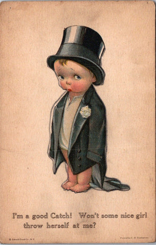 Valentine postcard - I'M A GOOD CATCH - boy in tuxedo, top hat - B17131