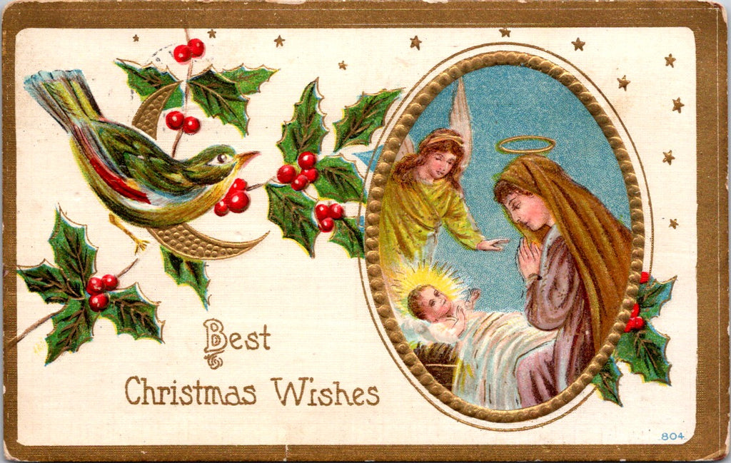 Xmas - Best Christmas Wishes postcard - baby Jesus, Mary and angel