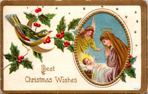 Xmas - Best Christmas Wishes postcard - baby Jesus, Mary and angel