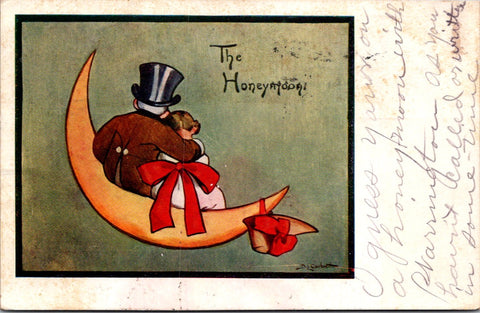 Valentine postcard - THE HONEYMOON - couple on quarter moon - B18017