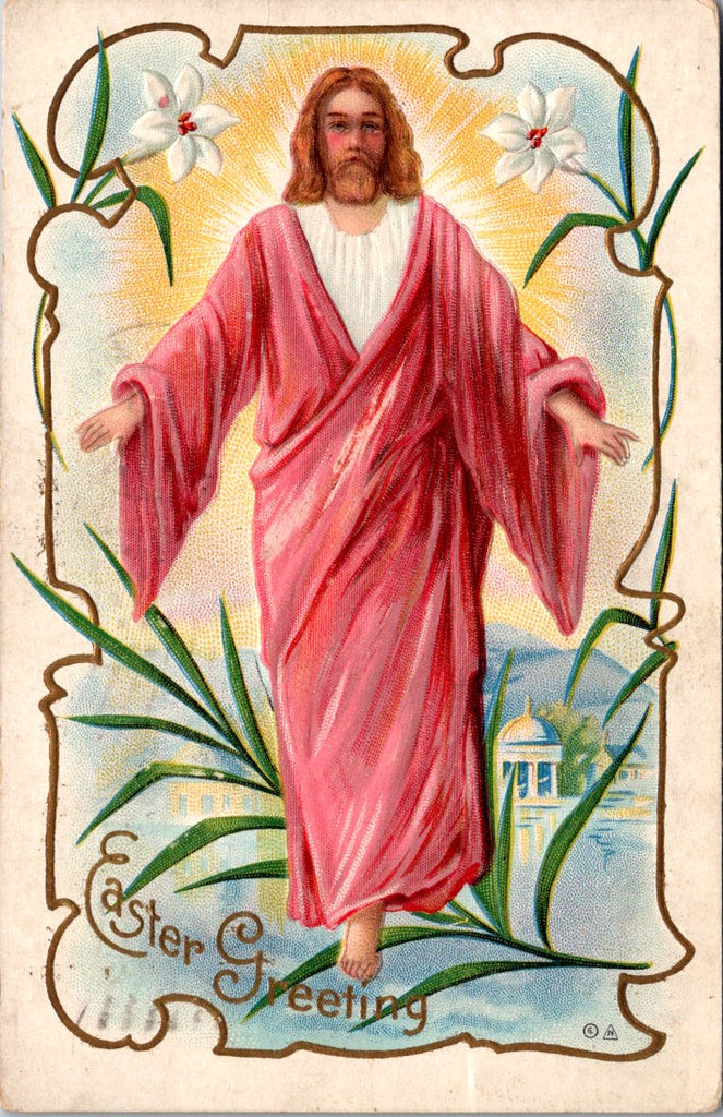 Easter - Christ in pink, with his arms outstretched - Nash postcard - C04320