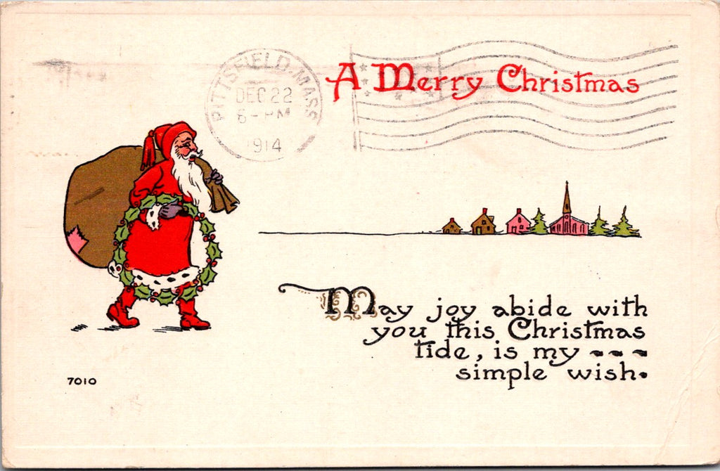 Xmas - Santa Claus walking to the town with his big, brown sack and a wreath pos