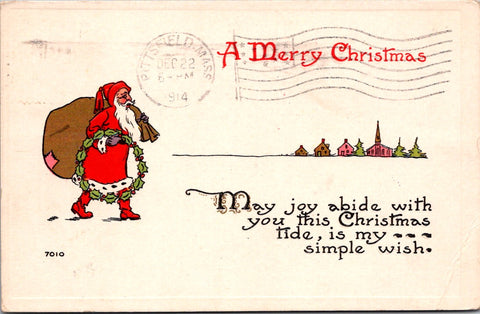 Xmas - Santa Claus walking to the town with his big, brown sack and a wreath pos
