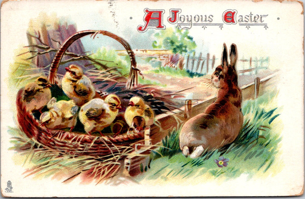 Easter - chicks in basket being watched by rabbit or hare postcard - C06532