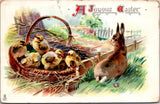 Easter - chicks in basket being watched by rabbit or hare postcard - C06532