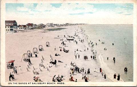 MA, Salisbury Beach scene, buildings, people, swinging chairs postcard
