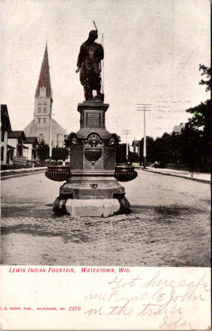 WI, Watertown - Lewis Indian Fountain closeup in the street postcard - C08141