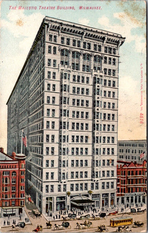 WI, Milwaukee - Majestic Theatre Building, US Flags - 1909 postcard - C08198