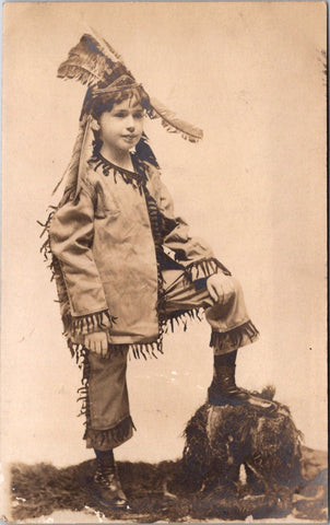 People - Boy - dressed as an indian except large shoes on RPPC - C08606