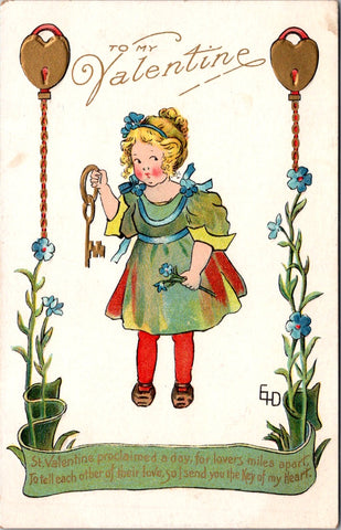 Valentine postcard - Young girl holding a large key - Ethel Dewees - C08750
