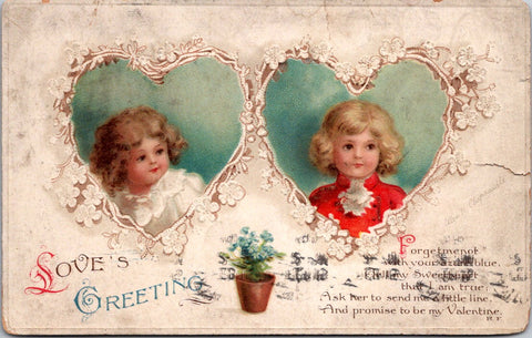 Valentine postcard - LOVE'S GREETING - cute kids in hearts - C08754