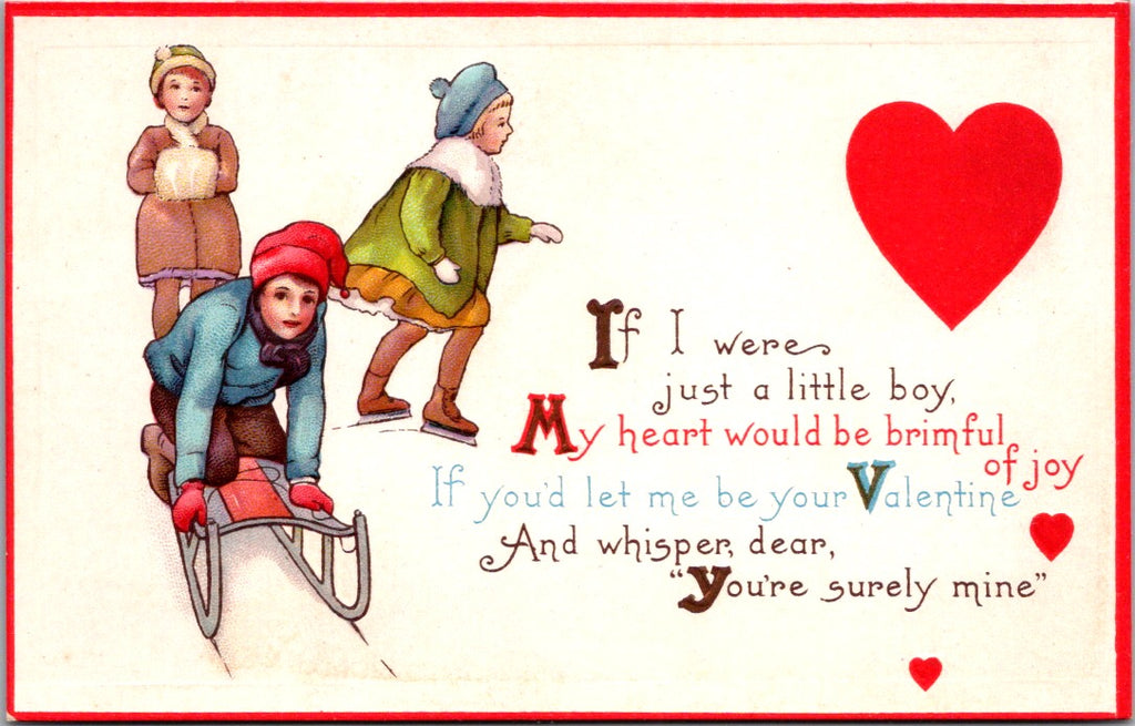 Valentine postcard - Kids in winter wear, one on sled - C08768