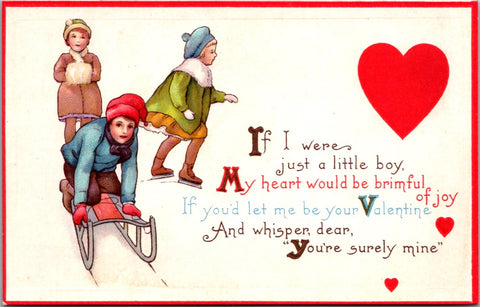 Valentine postcard - Kids in winter wear, one on sled - C08768
