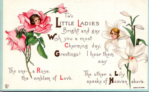 Valentine postcard - girl faces in a Rose and a lily - James E Pitts - C08785