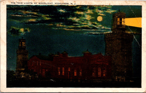 NJ, HIGHLANDS - Twin Lights by moonlight postcard - C08789