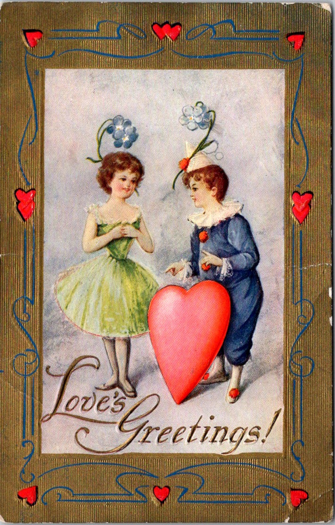 Valentine postcard - LOVES GREETINGS - boy clown, girl ballerina? - C17030
