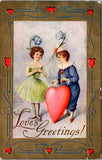 Valentine postcard - LOVES GREETINGS - boy clown, girl ballerina? - C17030