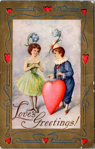 Valentine postcard - LOVES GREETINGS - boy clown, girl ballerina? - C17030