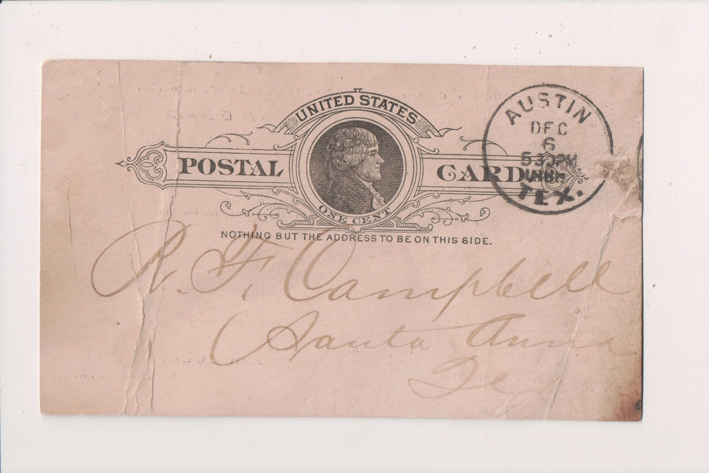 TX, AUSTIN - Treasury Department, F R Lubbock Treasurer - 1888 Postal Card - C17131