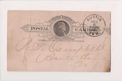 TX, AUSTIN - Treasury Department, F R Lubbock Treasurer - 1888 Postal Card - C17131