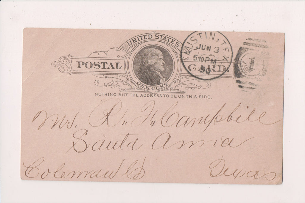 TX, AUSTIN - Treasury Department, F R Lubbock Treasurer - 1890 Postal Card - C17135