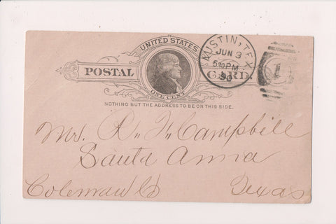 TX, AUSTIN - Treasury Department, F R Lubbock Treasurer - 1890 Postal Card - C17135