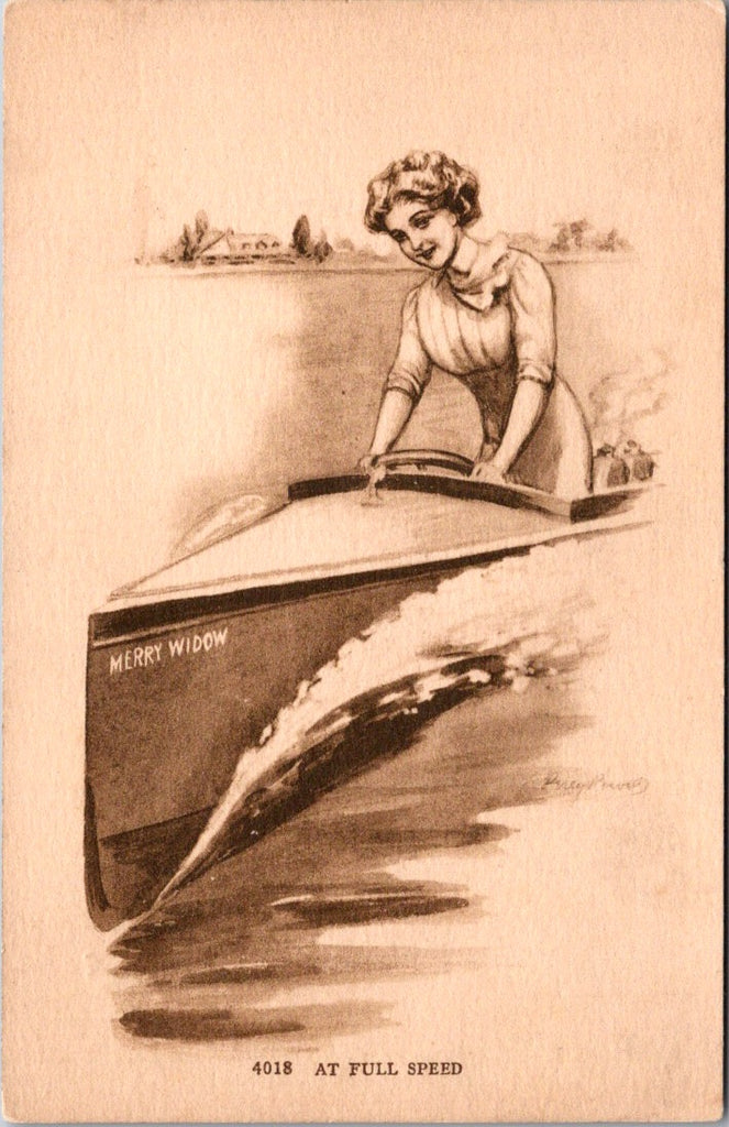 People - Female postcard - Young woman in MERRY WIDOW boat - C17160