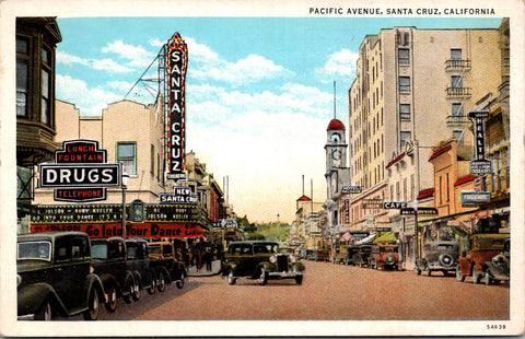 CA, Santa Cruz - Pacific Ave - old cars and signs postcard - C17324
