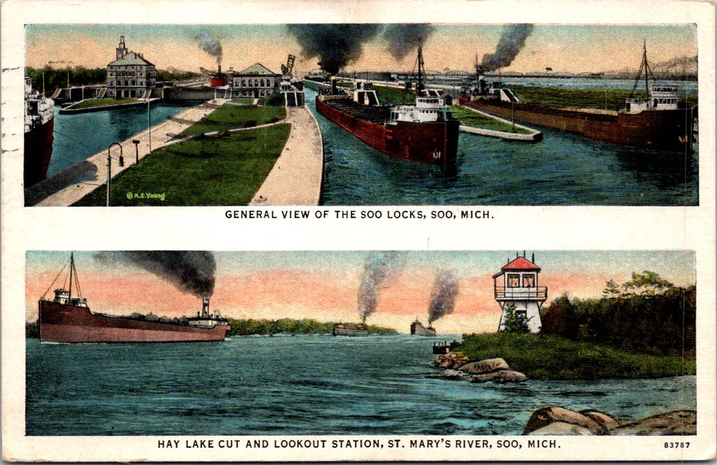 MI, SOO - Soo Locks, Hay Lake Cut, Lookout Station postcard - C17449