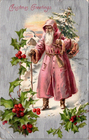 Xmas - Old Santa in a pink robe with a hood and cane - Winsch Back postcard with