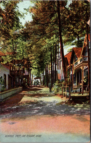 MA, LAKE PLEASANT - Montague Street with flags, people, horse drawn wagon postca