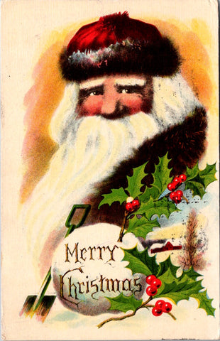 Xmas - Santa Claus close up with fur trimmed hat, snow ball, shovel in postcard