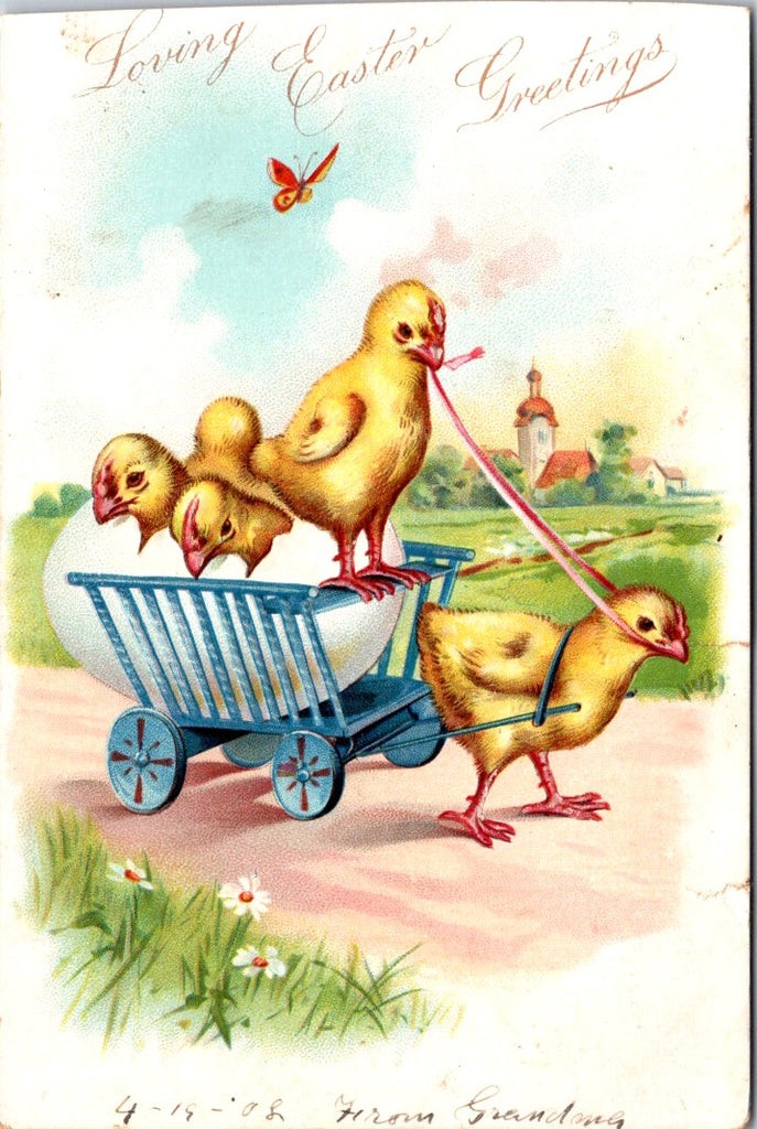 Easter - Anthropomorphic chick driving cart with chick pulling postcard - CP0791