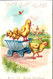 Easter - Anthropomorphic chick driving cart with chick pulling postcard - CP0791